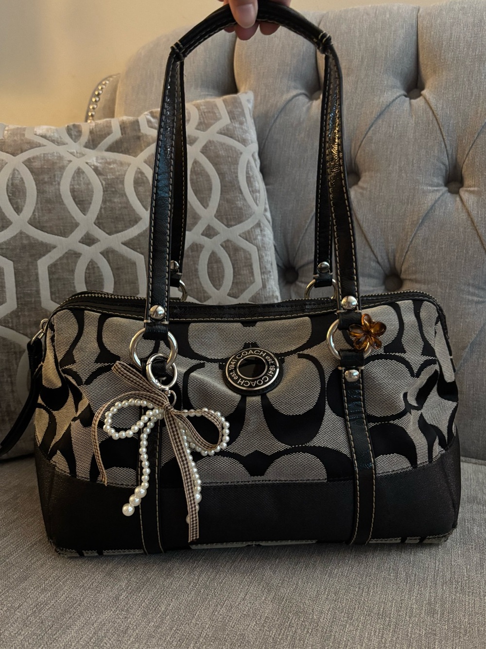 Coach Black and Grey Signature Canvas Shoulder Bag